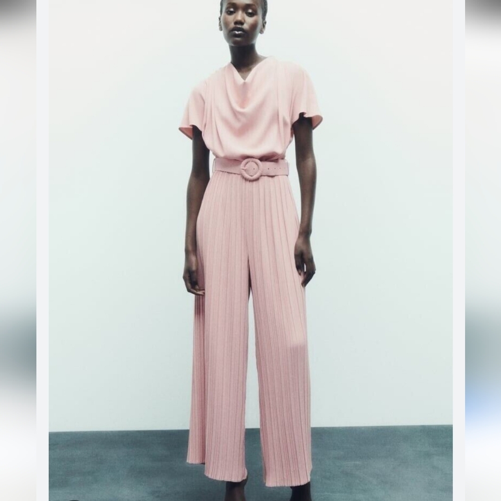Zara Dusty Pink Pleated Wide-Leg Jumpsuit with Belt